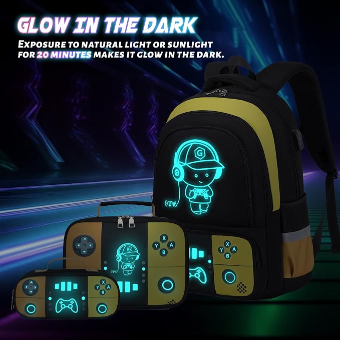 Backpack for School Boys, Cool Luminous Gamer Boys Schoolbag | with Lunch Box & Pencil Case Set for Kids Teens Elementary Middle School, Bookbag Glow In The Dark