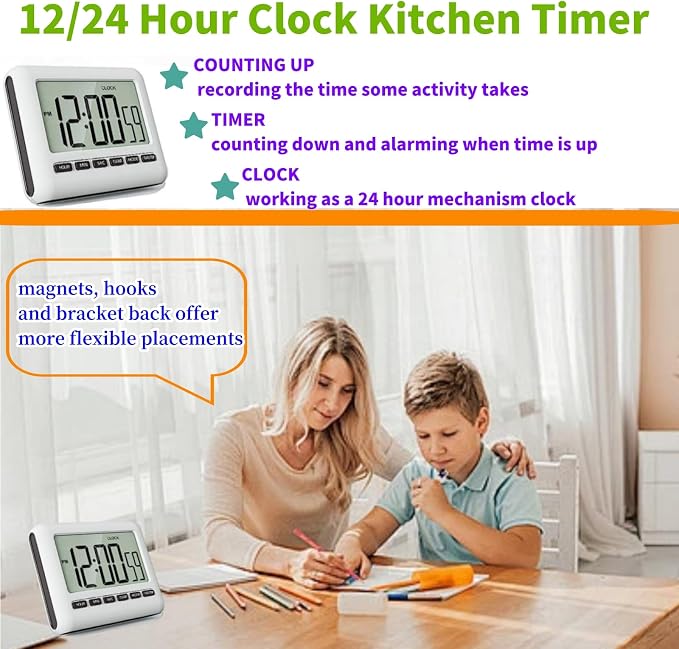 Magnetic Clock Digital Small for Fridge Stove with Clip Kitchen Timer Clocks Large Screen Loud Alarm 12/24 Hour Multi-Functional Countdown for Baking Sports Office Classroom 3.34x2.83 Inches Black