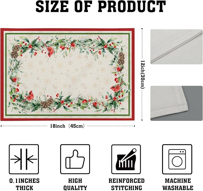 Winter Holly Branches Placemats Set of 4, Xmas Red Birds Pine Cone Dining Table Place Mats Linen Fabric Desk Top 12 x 18 Inch for Seasonal Holiday Home Kitchen Decor