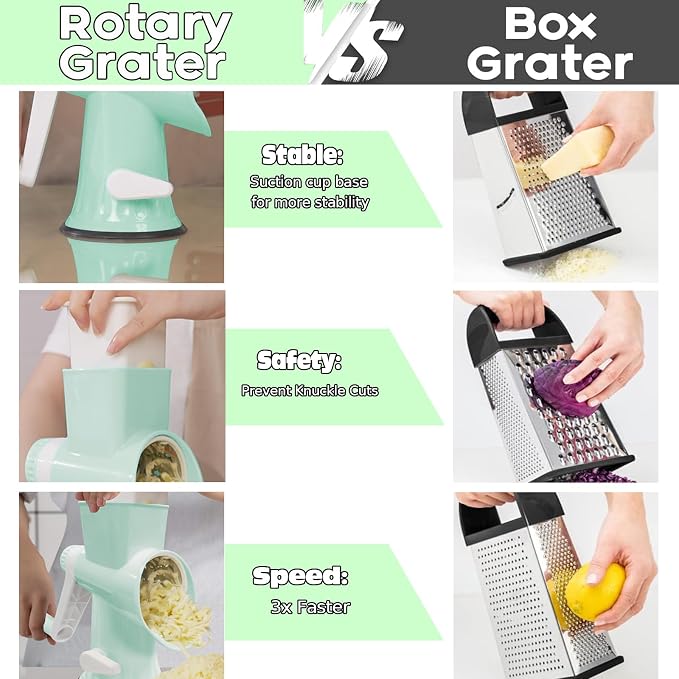 Cheese Grater with Handle,Multifunctional Rotary Cheese Grater | Kitchen Cheese Shredder Can Easily Chop Vegetables,Potatoes,Carrots,Etc.The Suction Cup is Stable and Easy to Clean