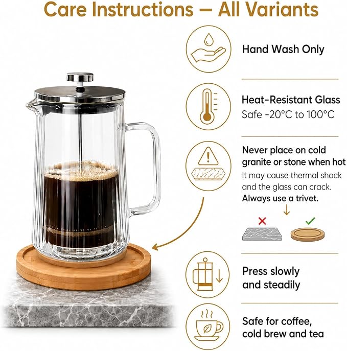 Glass French Press Coffee Maker, Heat Resistant Borosilicate Glass (34oz Wavy)
