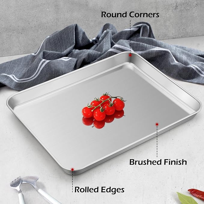 Leonyo Non-Toxic 9x7IN Small Stainless Steel Baking Sheet Pans | Commercial-Grade Small Metal 1/8 Sheet Pan For Cookies Baking, 7x9IN Toaster Oven Baking Trays For Food, Dishwasher Safe