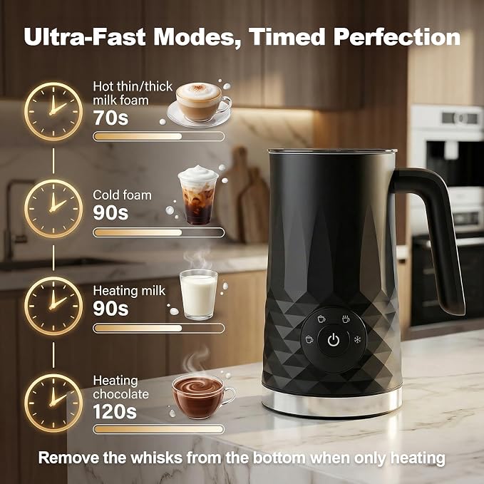 Milk Frother, 4 in 1 Electric Milk Steamer, Warm and Cold Foam Maker | Quiet Coffee Frother for, Latte, Cappuccino, Hot Chocolate, Dishwasher Safe