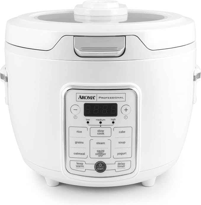 AROMA® Professional Digital Rice Cooker, 10-Cup (Uncooked) / 20-Cup (Cooked), Slow Cooker, Multicooker, Steamer, Oatmeal Cooker, Auto Keep Warm, Sauté-then-Simmer®, 4 Qt, White, ARC-1230W