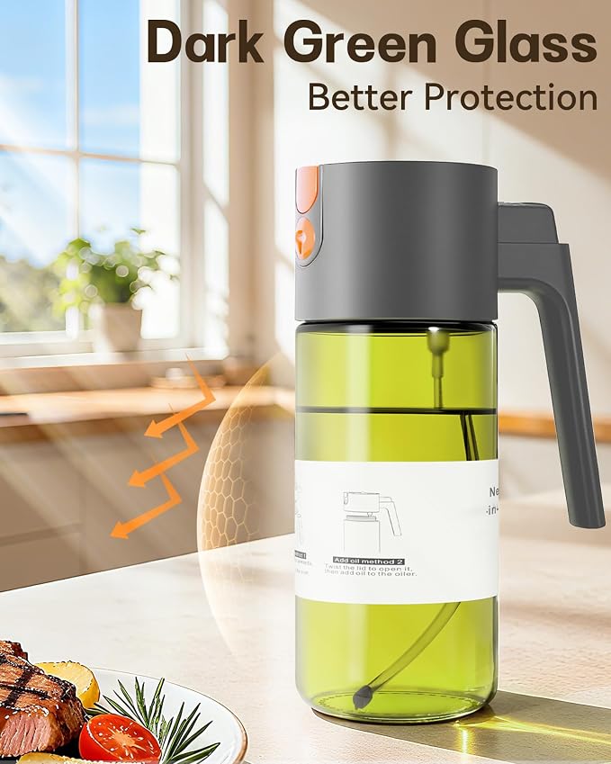 Olive Oil Sprayer & Dispenser Bottle for Cooking 17oz Dark Glass Oil Mister | 2-in-1 Sprayer & Pourer, Leakproof, Fine mist, Light-Blocking, Wide Mouth for Easy Refill & Clean, 8 Oil Labels, Reusable
