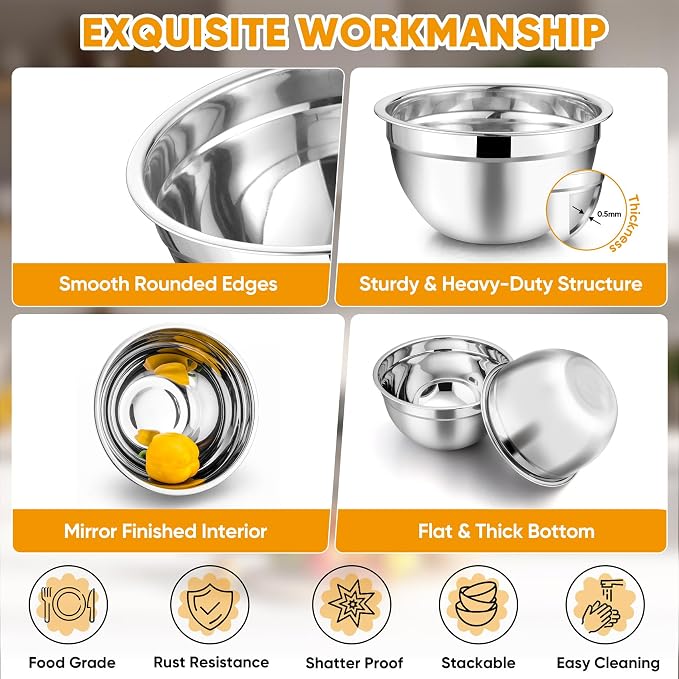 TeamFar Mixing Bowls Set of 5, Stainless Steel Metal Salad Bowls with Lids | 4.5/3/1.5/1/0.7 QT, Nesting Bowls, Ideal for Mixing Prepping Serving, Non-Toxic & Sturdy, Airtight Lid & Easy Clean, Black