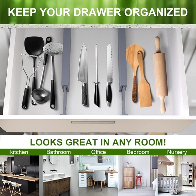 Bamboo Drawer Dividers Organizers, Expandable Drawer Separators Splitter,17-22 inches Long Adjustable Spring-loaded Organizer for Large Utensil, Clothes, Tools Drawers (Grey)