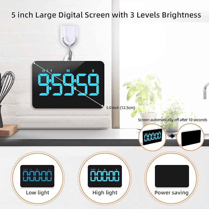 Samshow Rechargeable Digital Kitchen Timer, Ice Blue, 5 Inch | Countdown/Up, 3 Adjustable Brightness, 4 Adjustable Volume , 5" LED Display, Magnetic, For Classroom/Office/Home/Work/Game