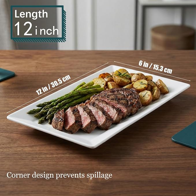 12" Serving Platters Set of 4, White Rectangular Plates, Ceramic Serving Tray, Stackable Large Party Plates for Appetizer, Dessert, Steak, Sushi, Housewarming Gift, Oven Dishwasher Safe