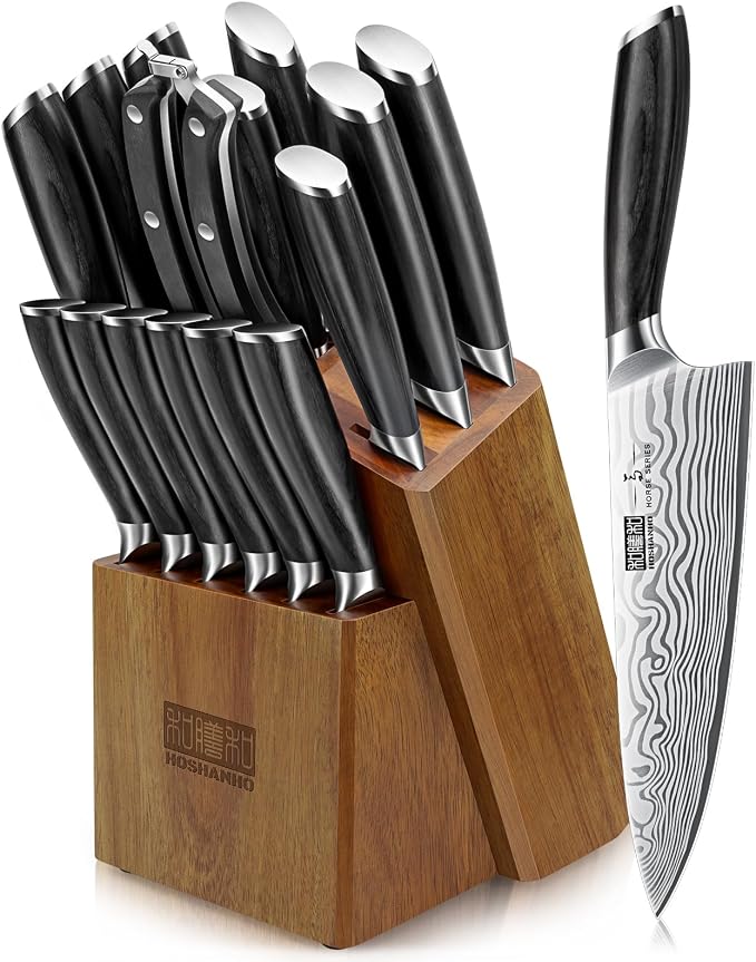 HOSHANHO 16-Piece Knife Set with Block, Ultra Sharp Kitchen Knife Block Set | High Carbon Powder Steel Chef Knife Set, Professional Kitchen Knives Set with Sharpener and Pakkawood Handle, Elegant Box