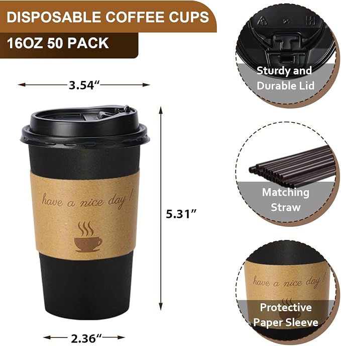 BYSNOW 16 oz 50 pack Disposable Coffee Cups with Lids, Sleeves & Stirrers | Paper Hot Coffee Cups with Lids, Sleeves and Stirring Sticks, To Go Cups for Home, Office, and Cafe (Black 16oz)