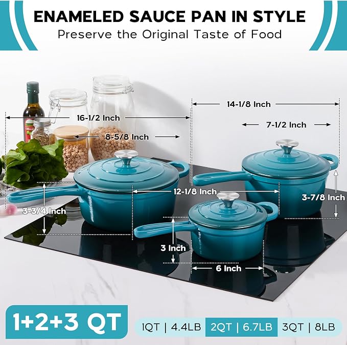 Onader Enameled Cast Iron Sauce Pan, 1QT & 2QT & 3QT Saucepan with Lid, Small Cast Iron Pot for Cooking, Enamel Dutch Oven, Nonstick & Heavy Duty – Dark Cyan