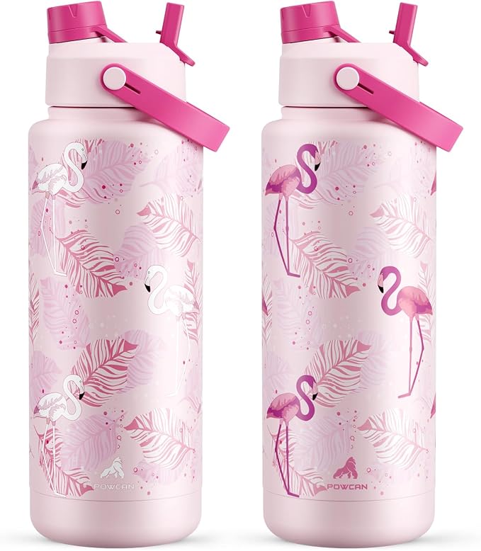 POWCAN 40 oz Insulated Water Bottle with 2-in-1 Straw and Spout Lid, Glow-in-the-Dark, 24H Cold, Leakproof, BPA-Free, Double Wall Stainless Steel for Sports, Gym, Travel, School (Sun-Kissed Flamingo)