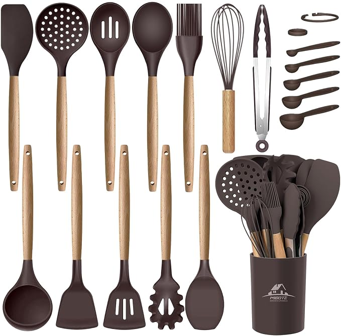 MIBOTE Silicone Cooking Kitchen Utensils Set, Wooden Handle, Coffee | BPA-Free, Non-Toxic Silicone Turner, Tongs, Spatula, Spoon Set – Great for Nonstick Cookware, Heat-Resistant, Easy Clean