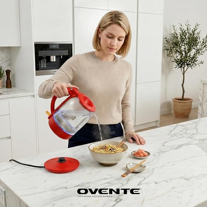 OVENTE 1.5L Glass Electric Kettle Water Boiler, Red KG516R | 1500W Fast Boiling, Easy Fill Lid, Stainless Steel Filter, LED Indicator, Auto Shut-Off, Boil-Dry Protection, 360° Base
