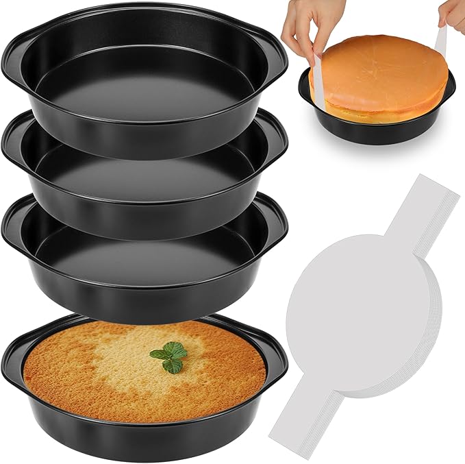 8 Inch Cake Pan, Nonstick 4 Pack Round Cake Pans with 100 Parchment Paper | Cake Pans 8 Inch for Birthday Christmas, Sturdy Circle Cake Pan Sets with Handle for Baking Layer Cakes, Dishwasher Safe
