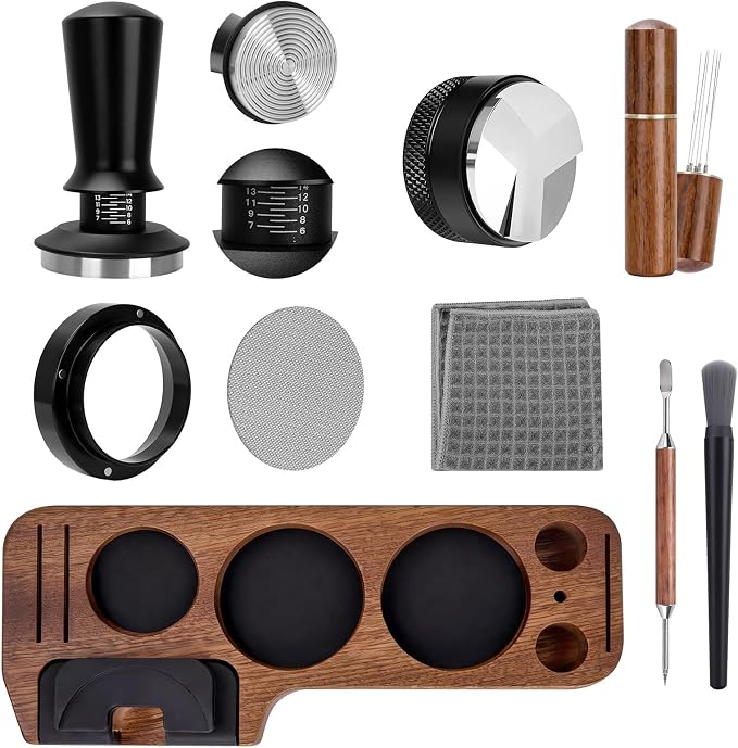9-in-1 Espresso Tool Set: 51mm Tamper, WDT Tool, Distributor, Magnetic Funnel, Puck Screen, Brush, Cleaning Cloth, Latte Art Needle & Wooden Stand for Breville De'Longhi