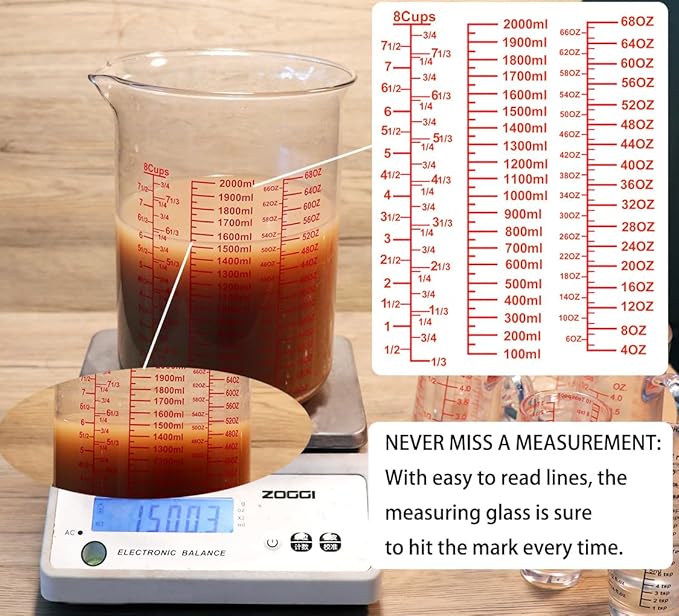 High Borosilicate Glass Measuring Cup-V-Shaped Spout，Glass Measuring Beaker for Kitchen or Restaurant, Easy to Read, 2000 ML (64 Oz, 8Cup)