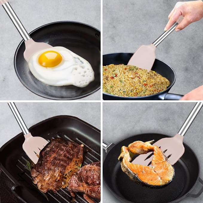 2 Pack Spatulas, Solid & Slotted Silicone Spatula Set, Stainless Steel Handle Coated with Silicone, Non Stick Turners, Heat Resistant Rubber Spatulas for Fish, Eggs, Pancakes, Khaki