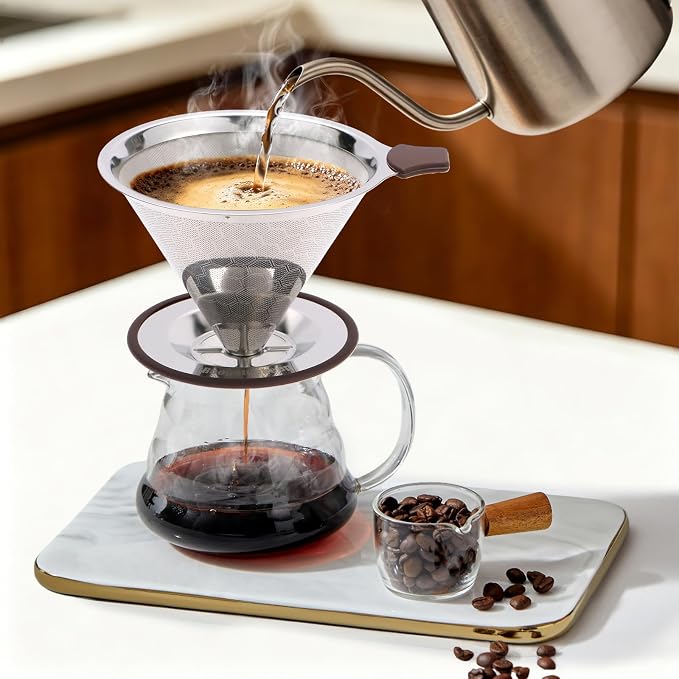 Pour Over Coffee Dripper, Roogaluckeep Stainless Steel Reusable Filter | 600 mesh metal strainer, paperless design, 1-4 cup brewing, no paper filters needed, easy to clean, compact for daily use