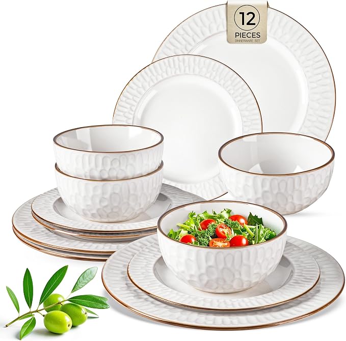 GBHOME Ceramic Dinnerware Sets of 4,12 pcs Plates and Bowls Sets Dishes | Embossed Elegant Stoneware Dishes Set | Dishwasher & Microwave Safe | Service for 4
