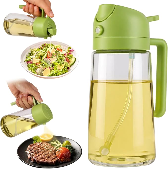 16oz/470ml Glass Olive Oil Sprayer for Air Fryer, 2 in 1 Spray & Pour Dispenser with Fine Mist & Portion Control, BPA-Free Kitchen Gadget for Cooking, Salad, BBQ, Roasting (Green)