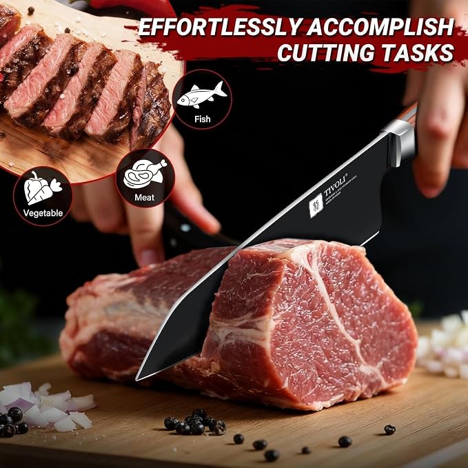 TIVOLI Chef Knife 8 Inch - Cooking Knife Ultra Sharp Deep Cutting Knives | German High Carbon Stainless Steel, Full Tang Ergonomic Wood Handle, Gift Box, Stain Resistant & Easy to Clean, for Cooking