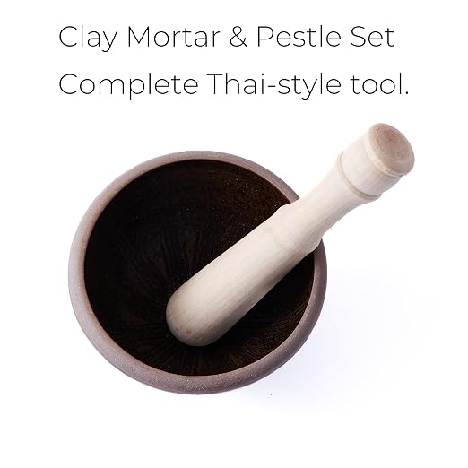Thai Mortar and Pestle Set, Clay Bowl with Wooden Pestle | Small Traditional Set For Papaya Salad, Curry Paste, Herbs, Spices And Thai-Style Food Preparation