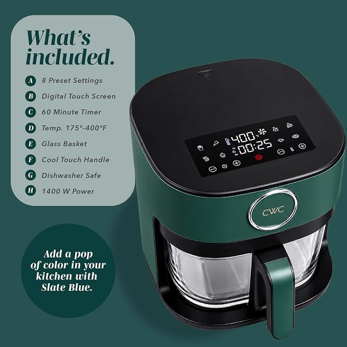 COOK WITH COLOR 1400W 5.5Qt Digital Kitchen Air Fryer with Glass Basket, 8 Presets Healthy Cooking Options, Bake, Fry, Reheat, 60-Min Timer, Adjustable Temperature Control 175°F–400°F, Sage