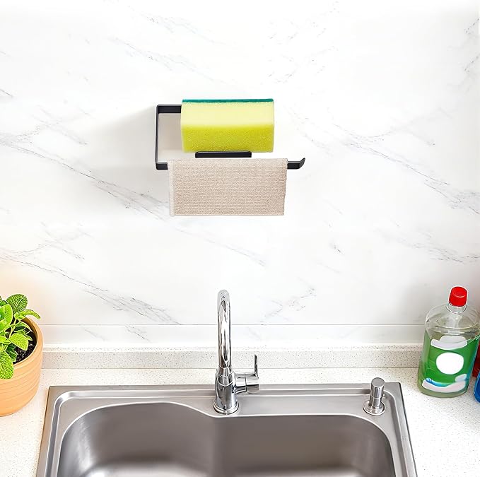 Sponge and Dish Cloth Holder for Kitchen Sink, 2 in 1 Adhesive Sink Dish Sponge Holder, Sinks Caddy Organizer Rack for Storage Sponges Scrubber Glove and Brush, Black