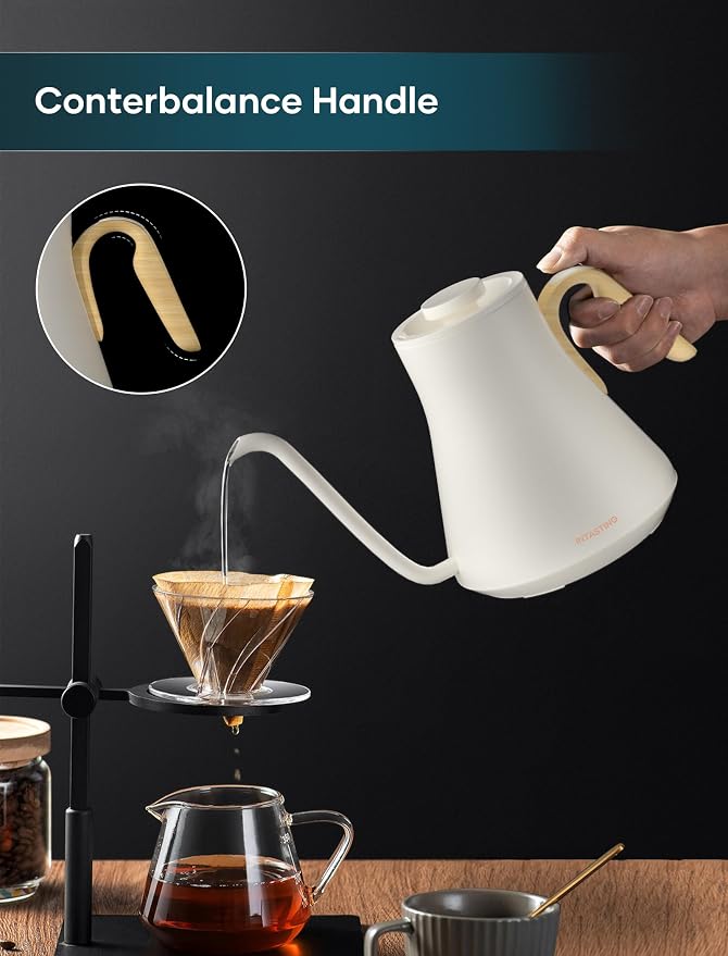 INTASTING Gooseneck Electric Kettle with 1℉ Temperature Control, 0.9 Liter | Fast Heating, Stainless Steel Interior, for Pour Over Coffee, Tea & Boiling Water, Keep Warm, Auto Shut-Off, 1200W, Cream