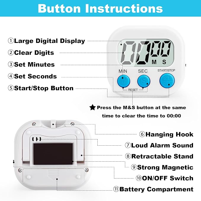 6 Pack Digital Kitchen Timer Multi-Function Magnetic Timers Classroom Timer for Kids Loud Alarm Big LCD Display Electronic Timers for Cooking, Classroom, Exercise, Study, Meeting(Blue, Green, White)