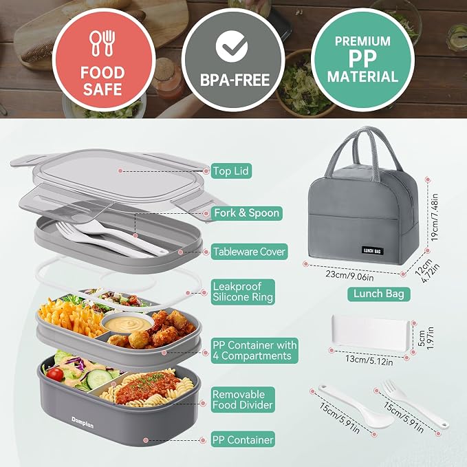 2 Layers Bento Box, All-in-One Stackable Lunch Container with Compartments, 64oz Leakproof Microwave Safe Dishwasher Safe Bento Box with Lunch Bag and Utensil Set for Kids and Adults