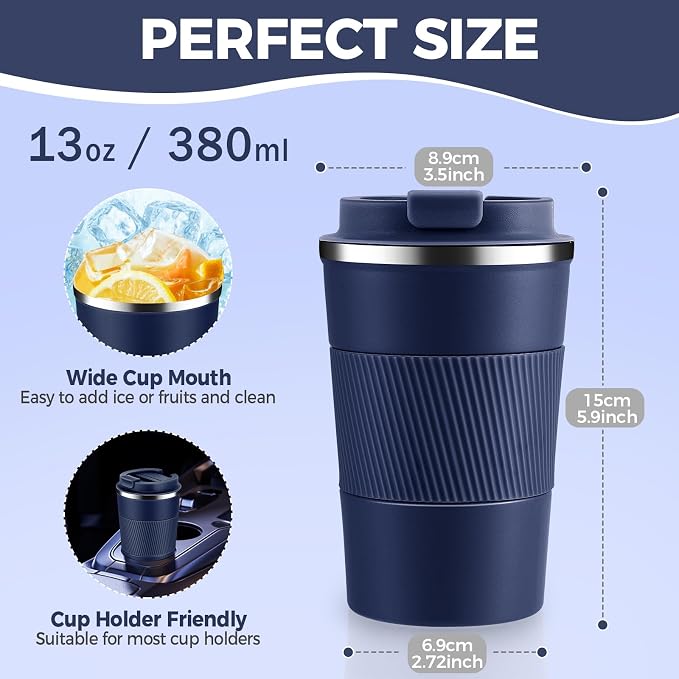 Volhoply 13 oz Stainless Steel Insulated Travel Coffee Mug with Fip Lid,Reusable Double Wall Vacuum Metal Coffee Cup,Portable to Go Leak Proof Cafe Thermal Tumbler for Hot & Cold Drinks(Navy,1)