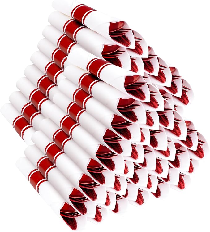 400PCS Pre Rolled Red Plastic Silverware Sets Heavy Duty for Wedding | Individually Wrapped Utensils, 100 Guests, Durable and Sturdy, BPA free, Includes Matching Napkins, for Festive Events