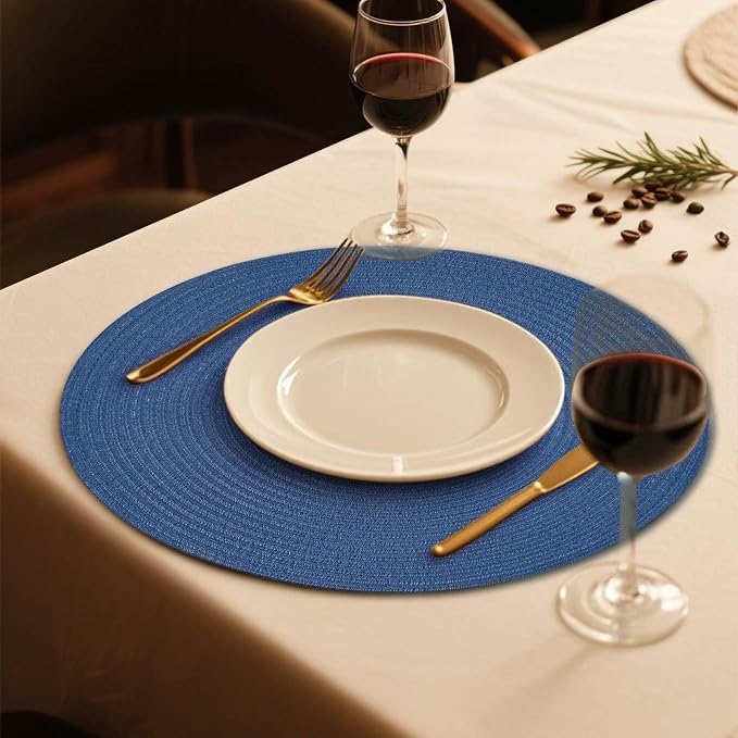 FunWheat Round Braided Placemats Set of 6 Place mats for Dining Tables Woven Heat Resistant Table Mats 15 inch (Blue,6pcs)