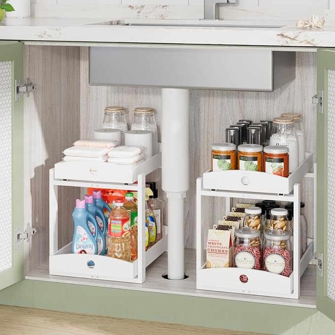 2 Pack Bamboo Under Sink Organizer, 2-Tier Sliding Drawers for Cabinets | Pull-out drawers keep cleaners and tall bottles visible, organized and easy to reach in kitchen or bathroom cabinets