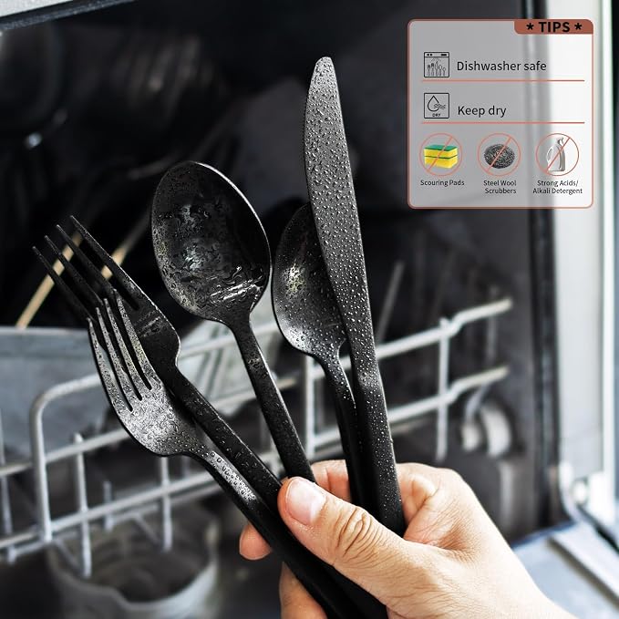 Alata Cube Matte Black 40-Piece Flatware Set, Forged Cutlery Set, Service for 8, Stainless Steel Tableware with Square Handle for Home/Restaurant, Dishwasher Safe