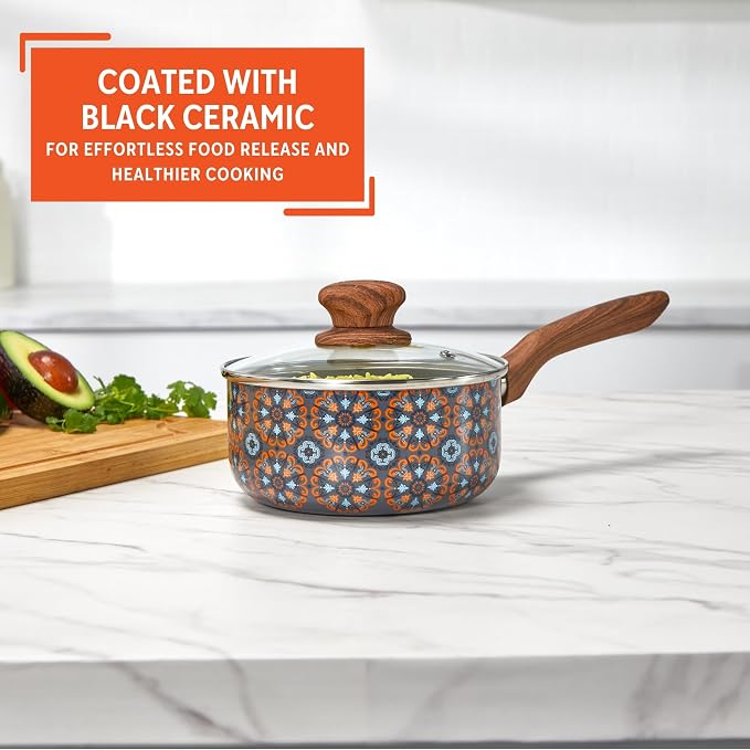 IMUSA 1.5 Qt Talavera Aluminum Black Ceramic Saucepan with Glass Lid | Ceramic Nonstick Coating, Woodlook Soft-Touch Handle with Glass Lid, Ideal for Mexican Dishes and Everyday Cooking