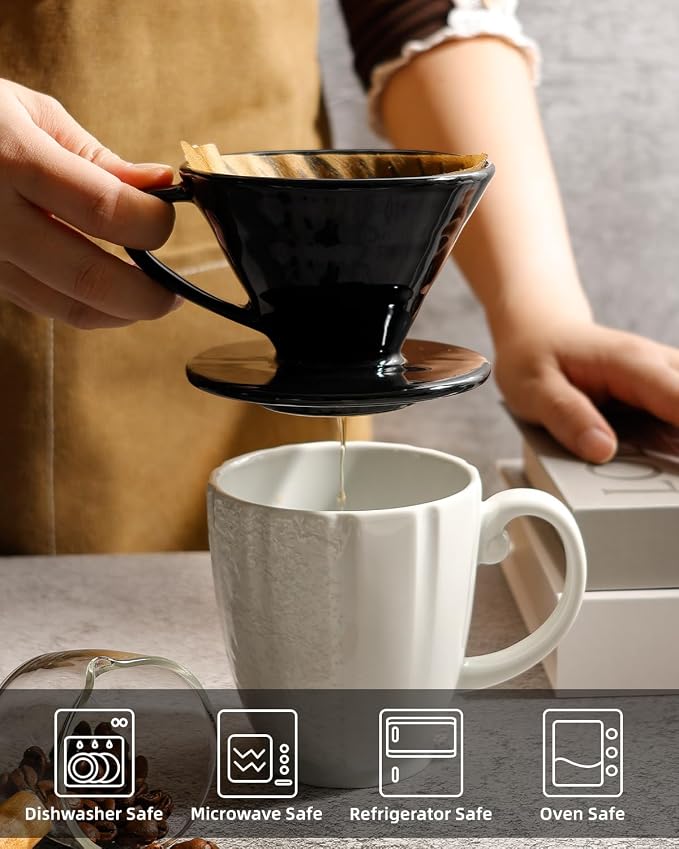 Pour Over Coffee Maker, Single Cup Ceramic Coffee Dripper, Reusable Filter Cone Drip Holder Slow Brewer with Hole Flat Bottom for Home, Office, Travel, Camping (Black)