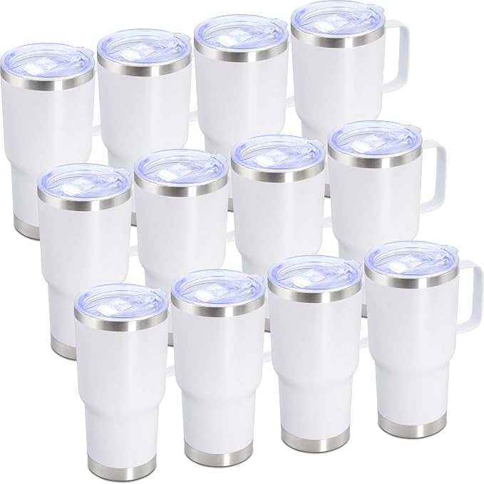 20 oz Tumbler with Handle Coffee Tumblers with Lid Travel Mug White 12P | 20oz Tumblers with Handle Double-Wall Insulated Vacuum Coffee Mugs Stainless Steel Tumbler with Handles&Lid White 12P
