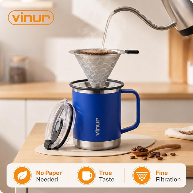 VINUR Insulated Pour Over Coffee Maker-12 oz Stainless Steel Coffee Maker | Stainless Steel Vacuum Insulated Coffee Maker With Stainless Steel Filter for Home, Camping, Gift for Men & Women (Navy)