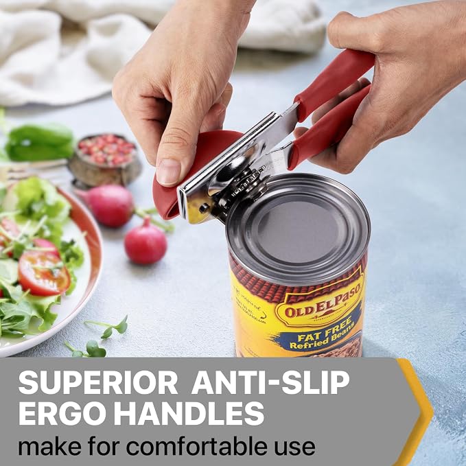 UHIYEE Heavy Duty Hand Can Opener with Comfortable Grip for Seniors, Red | Manual Can Opener, Hardened Steel Blade, Rubber-Coated Handle, Oversize Knob, Built-in Magnet & Bottle Opener