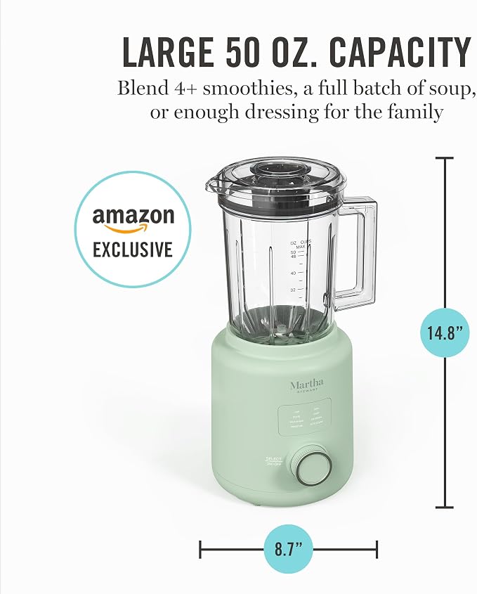 Martha Stewart 50oz Countertop Blender, 3 Speeds, 5 Presets, Honeydew Sage | BPA-Free Pitcher, Smoothies, Margaritas, Milkshakes & Ice Crushing, Stainless Steel Blades, Auto-Clean, Dishwasher-Safe Parts