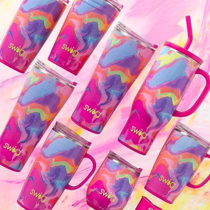 Swig Life 22oz Insulated Travel Mug with Handle & Lid, Candy Crush | Triple Insulated Stainless Steel - Handle & Lid Included - Keeps Coffee Hot or Cold - Cup Holder Friendly