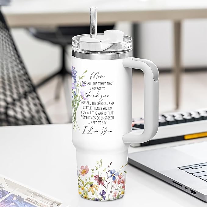 Gossby Best Mom Ever Tumbler, 30oz Stainless Steel with Handle and Straw | Birthday Gifts for Mom, Floral Watercolor Design, Mom Cup with Straw, Insulated Travel Mug for Women, Gift for Mama