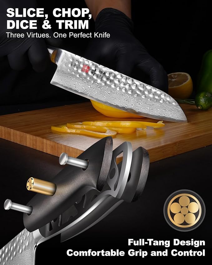 Japanese Chef Knife Kitchen Knife with 67 Layers Damascus Steel AUS-10 Core, Professional Damascus Knife with Full-Tang Ebony Wood Handle and Premium Gift Box (7 Inch Santoku Chefs Knife)