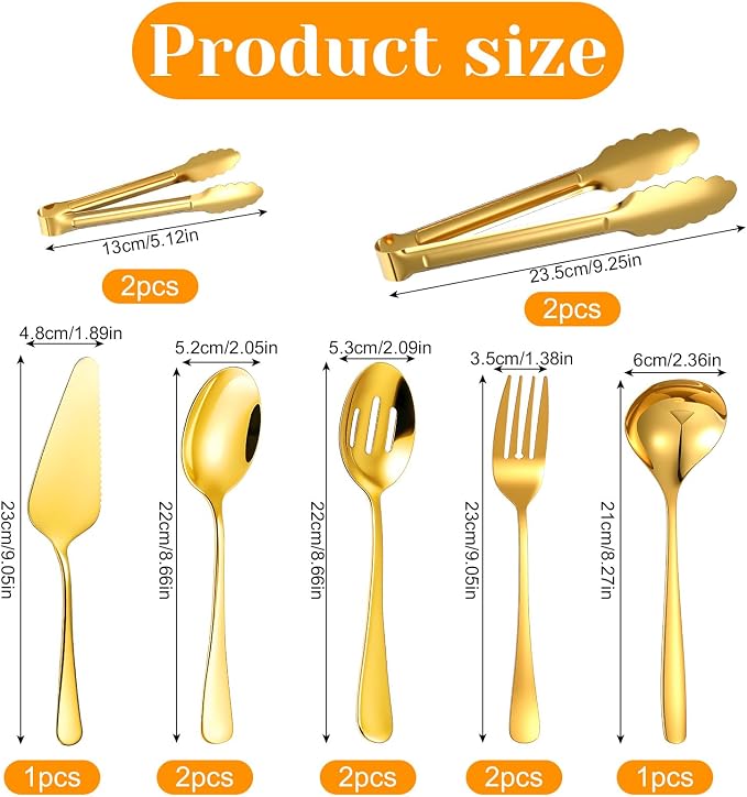 12 Pieces Gold Serving Utensils, Stainless Steel Cooking Utensils Set, Include Serving Spoons, Slotted, Spoons, Forks, 2 Sizes Tongs, Soup Ladle and Pie Cake Server for Kitchen Restaurants Buffet