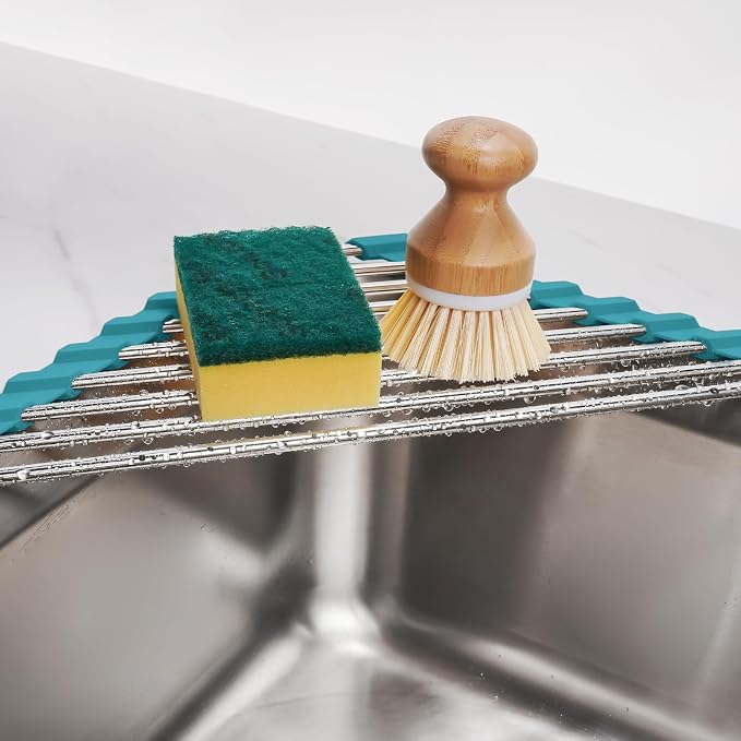 Tomorotec Triangle Roll-Up Dish Drying Rack for Sink Corner Small Foldable Stainless Steel Over The Sink Multipurpose Kitchen Drainer Caddy Organizer Storage Shelf Holder (Dark Green) | BPA-Free Food-Grade Silicone Edges Foldable Waterproof Rustproof H...