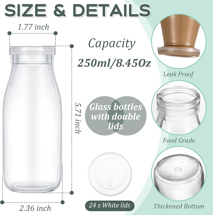 Zubebe 24 Pack 8 oz Glass Jars Milk Bottles with 48 Lids Mini Yogurt Jars | Reusable Small Glass Jars for Juice, Smoothie, Pudding, Jams, Overnight Oats, DIY Crafts, Party Favors, Gift Ideas
